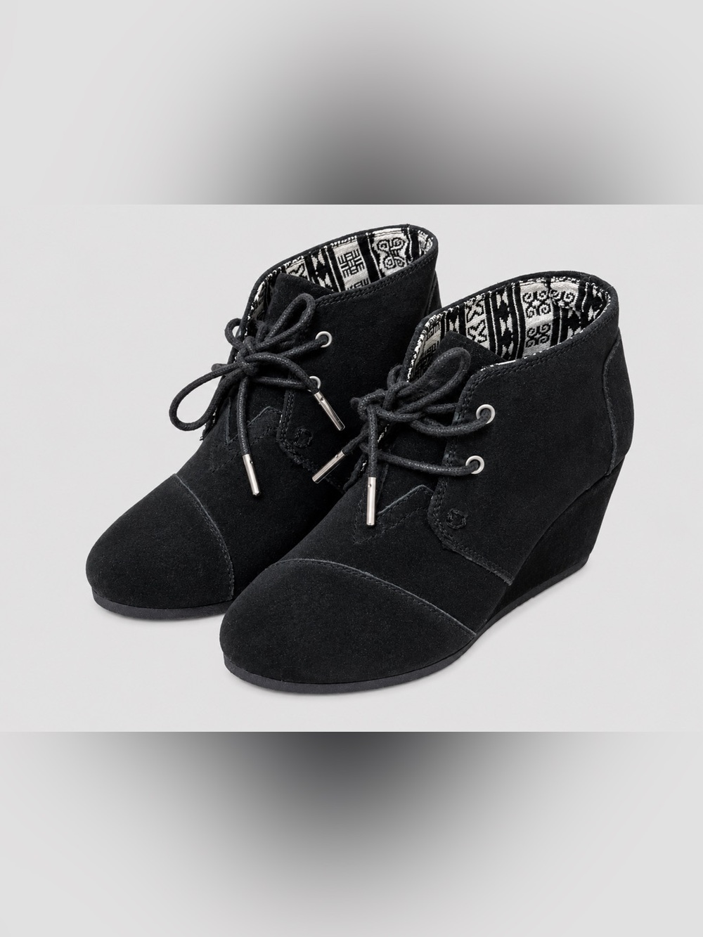 Toms Black Suede Lace-Up Wedge Ankle Boots with Patterned Lining